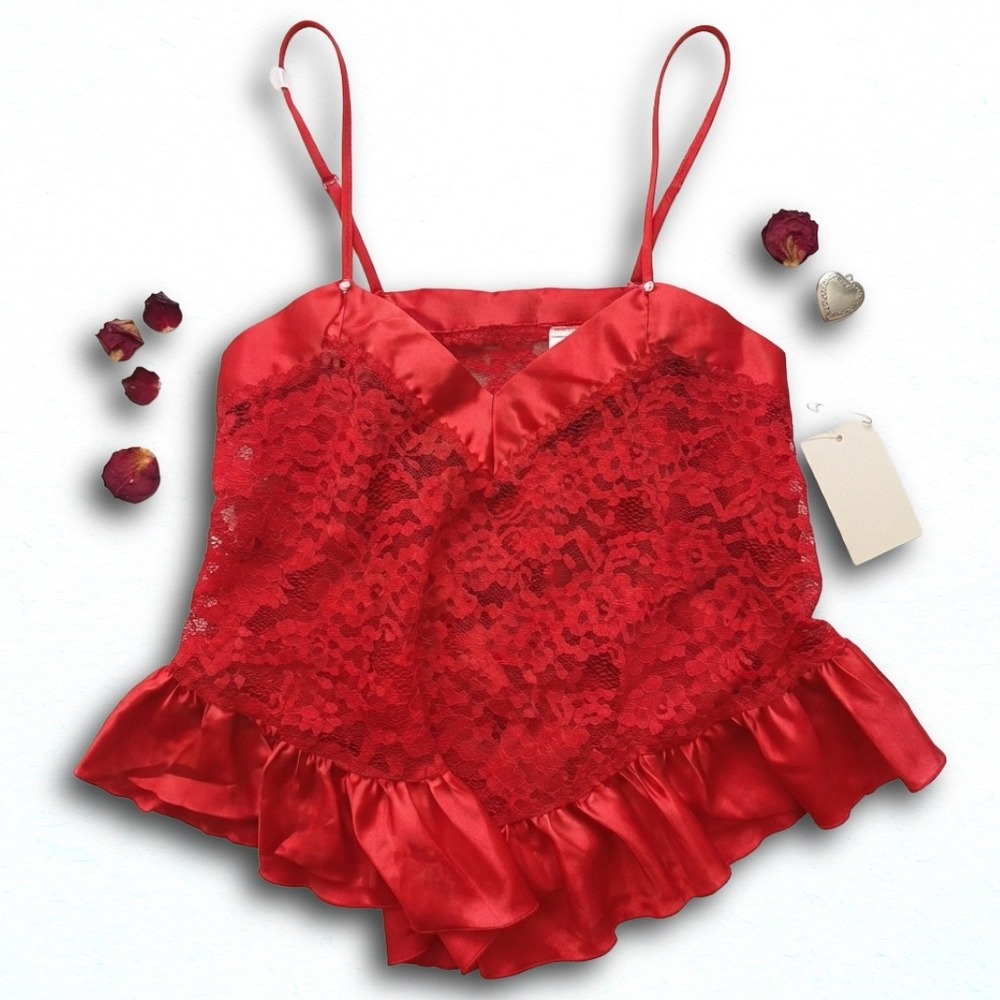 Vintage Delicates Red Lace Satin Ruffle Camisole Top Size M Made in USA Lingerie